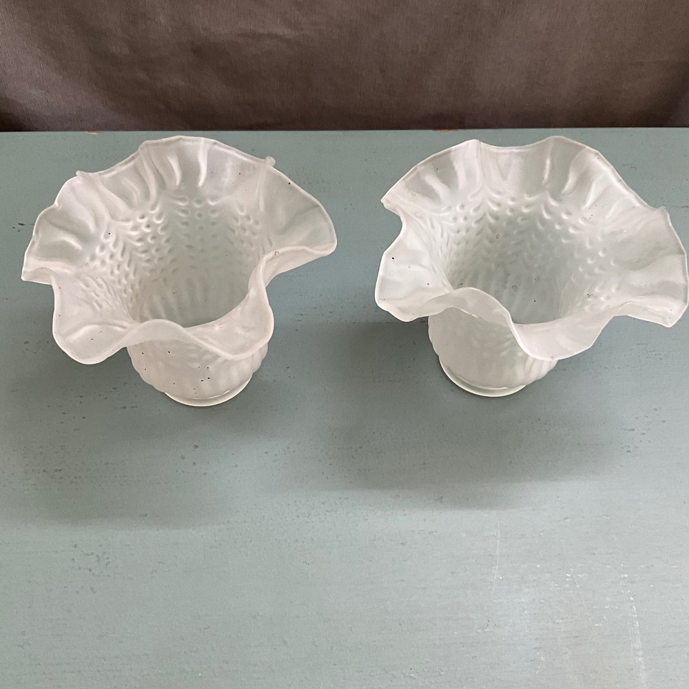 Vintage Frosted Glass Ruffled Tulip Lamp Shades Hobnail Set of 2 White 2.25 In